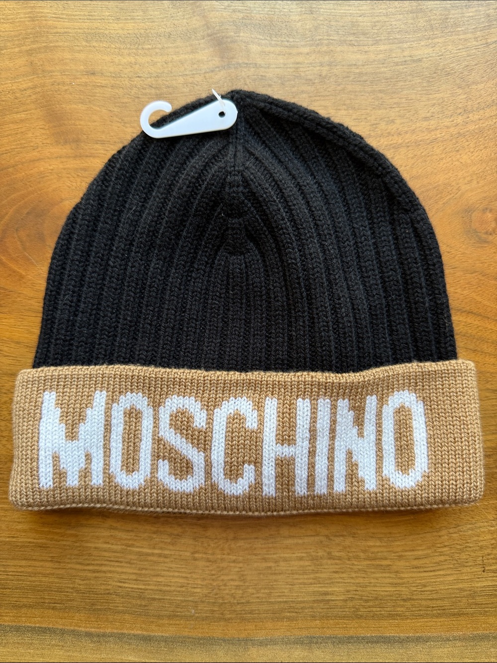 Moschino Black & Camel Logo Cuff Ribbed Beanie